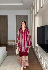 Wine Stripes Kurta with Velvet Pants