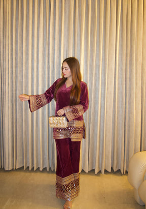 Burgundy Velvet Embroidered Coord Set
