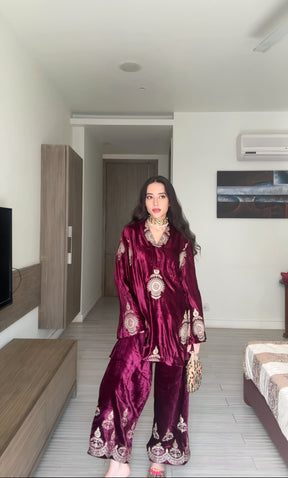 Burgundy Embroidered Velvet Coord Set