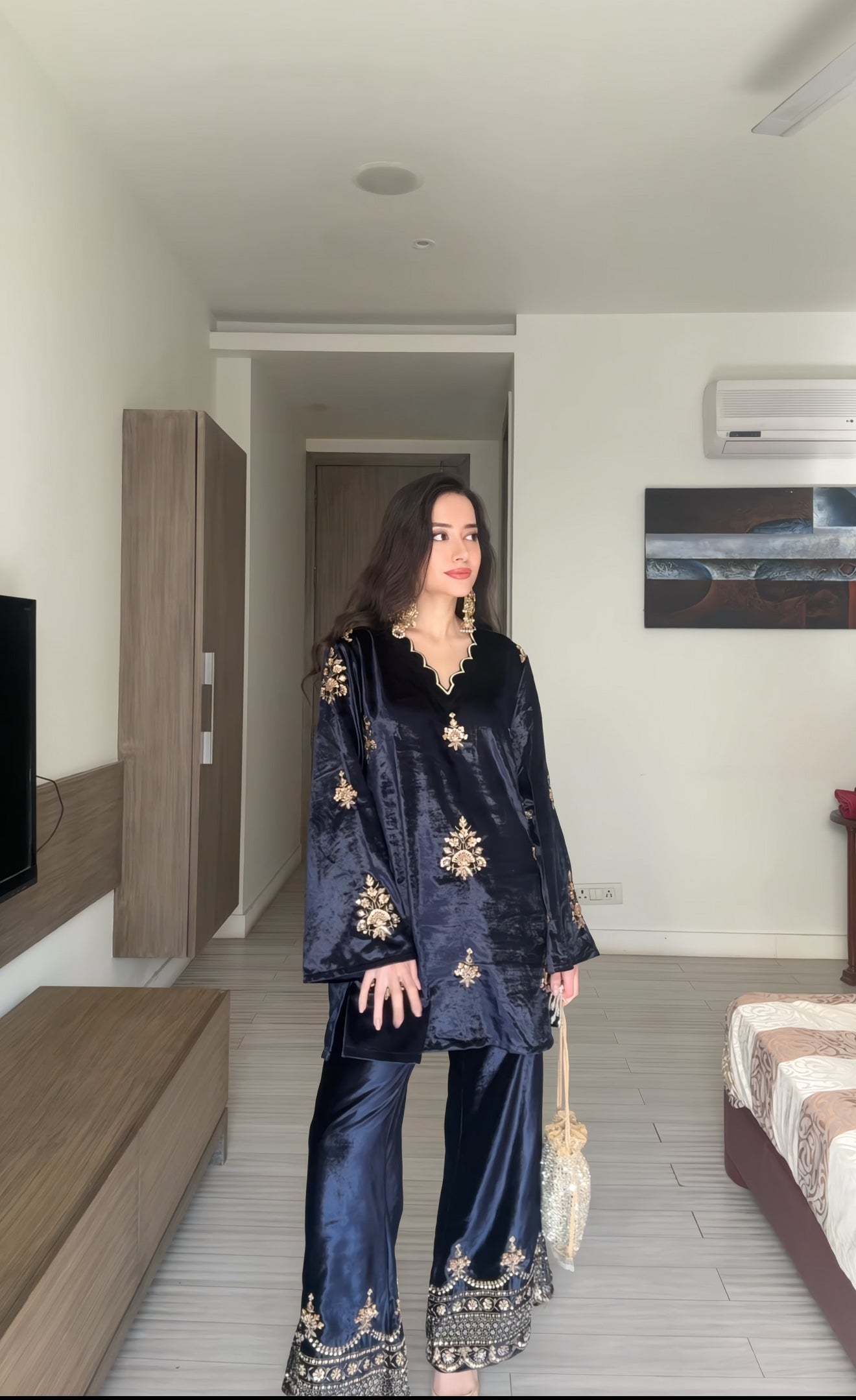 Deep Blue Beadwork Embroidery Velvet Coord Set