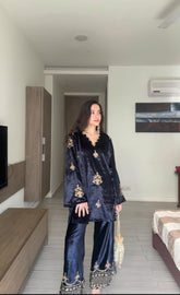 Deep Blue Beadwork Embroidery Velvet Coord Set