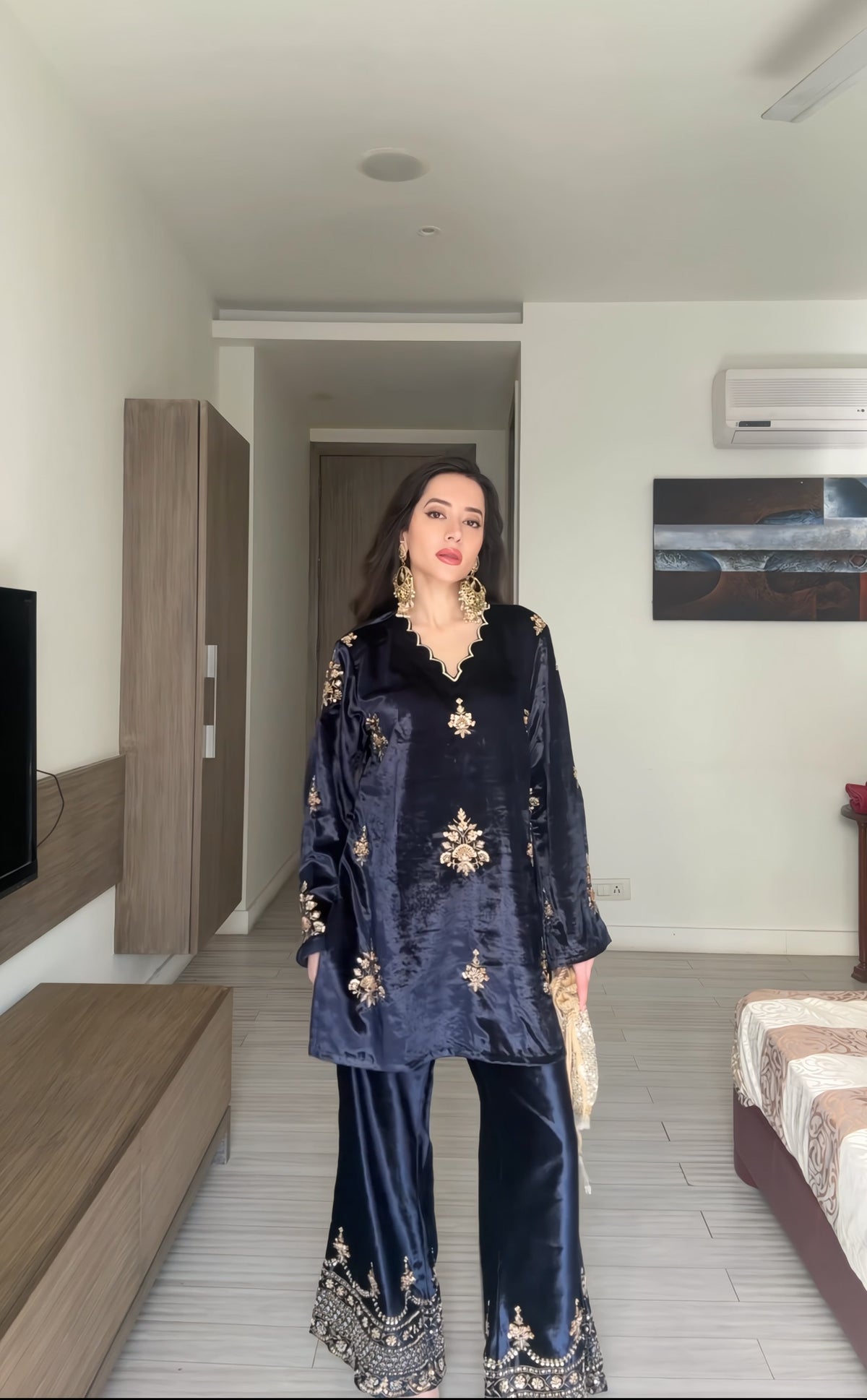 Deep Blue Beadwork Embroidery Velvet Coord Set