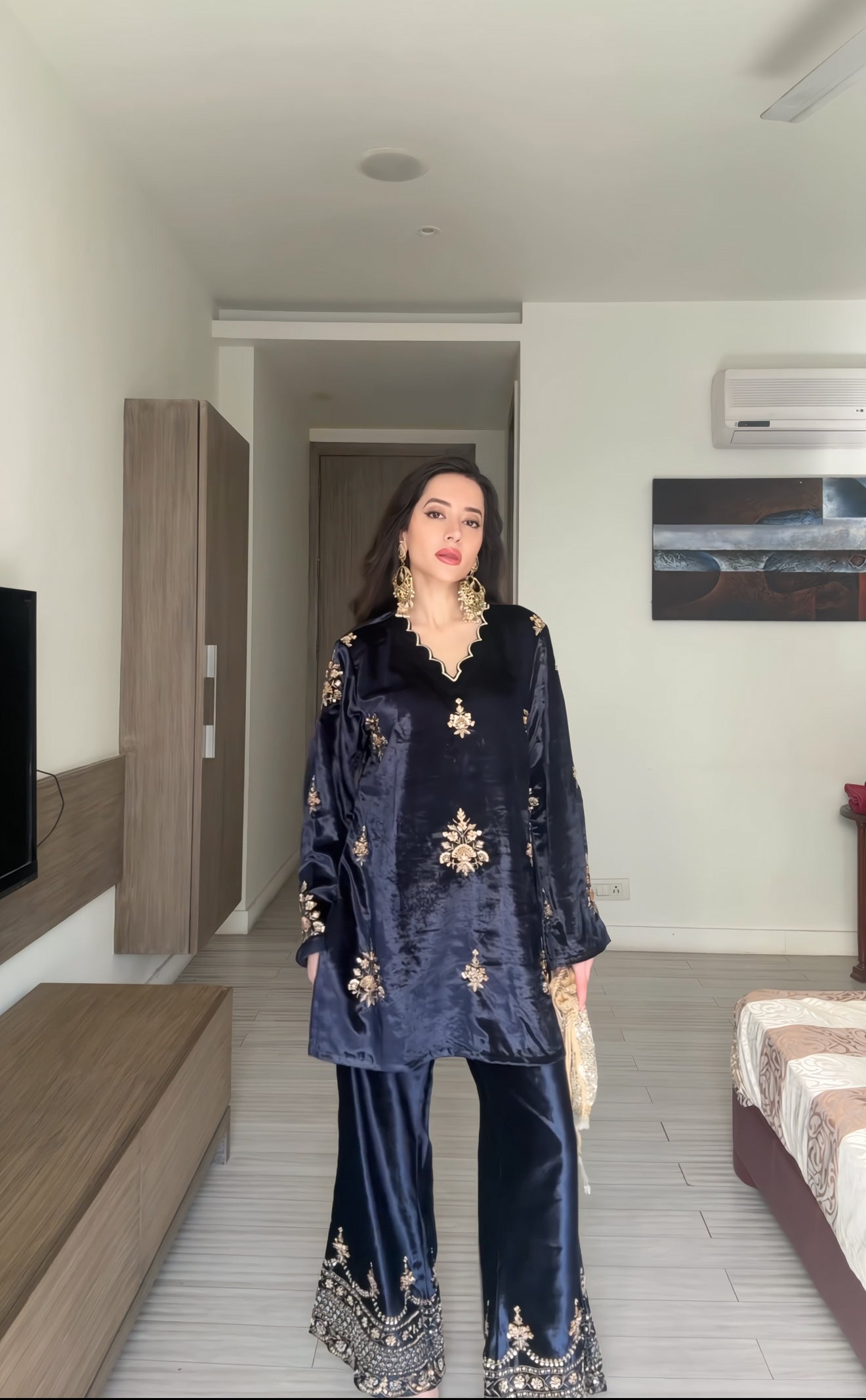 Deep Blue Beadwork Embroidery Velvet Coord Set