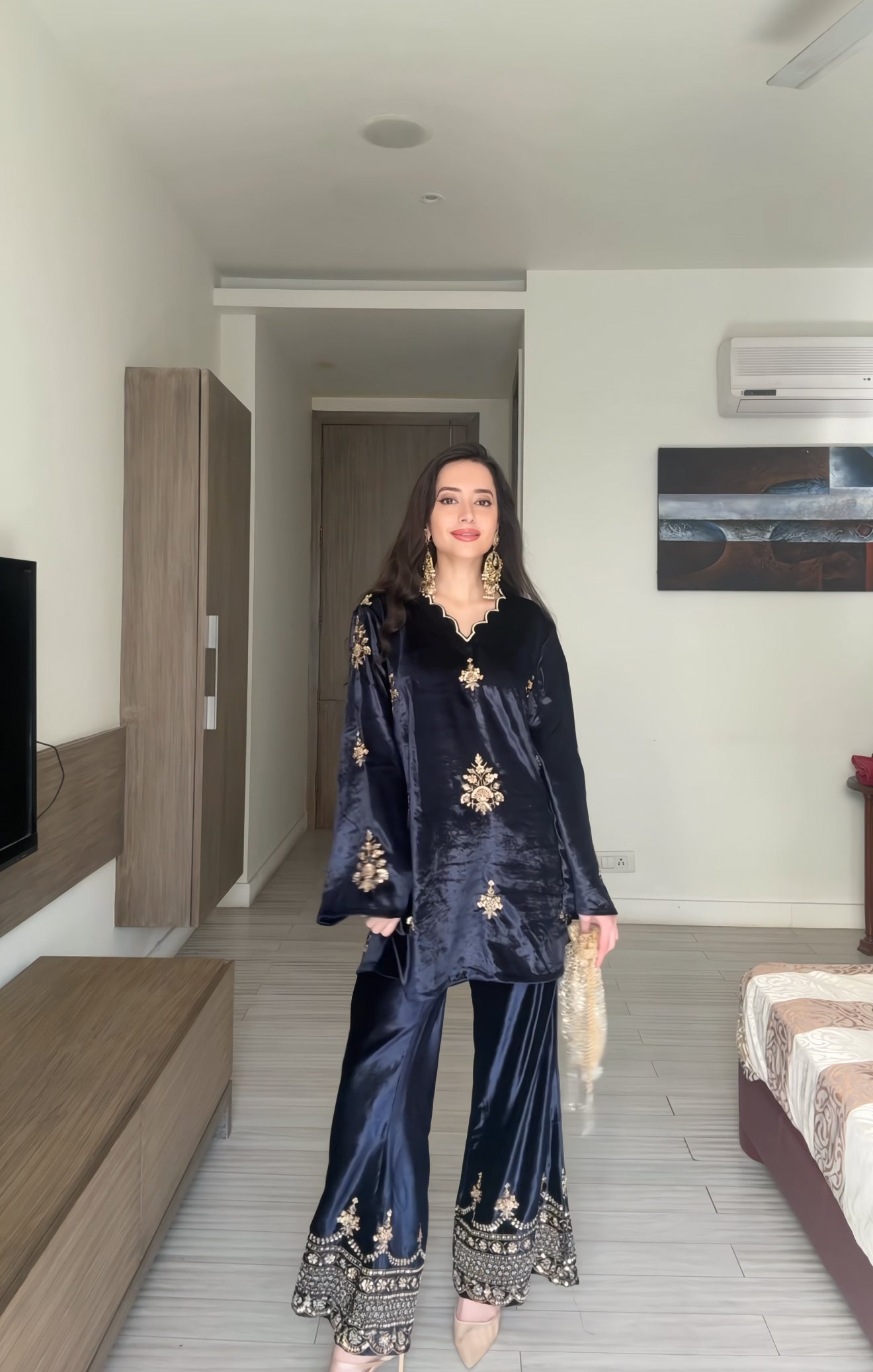 Deep Blue Beadwork Embroidery Velvet Coord Set