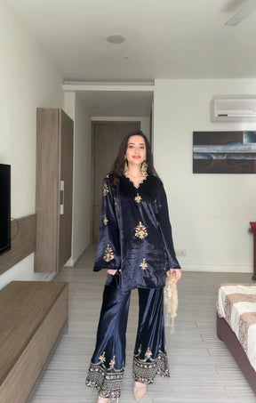 Deep Blue Beadwork Embroidery Velvet Coord Set