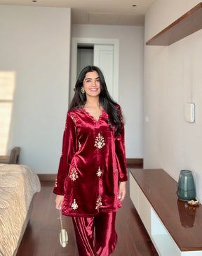 Crimson Red Beadwork Velvet Coord Set