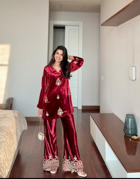 Crimson Red Beadwork Velvet Coord Set