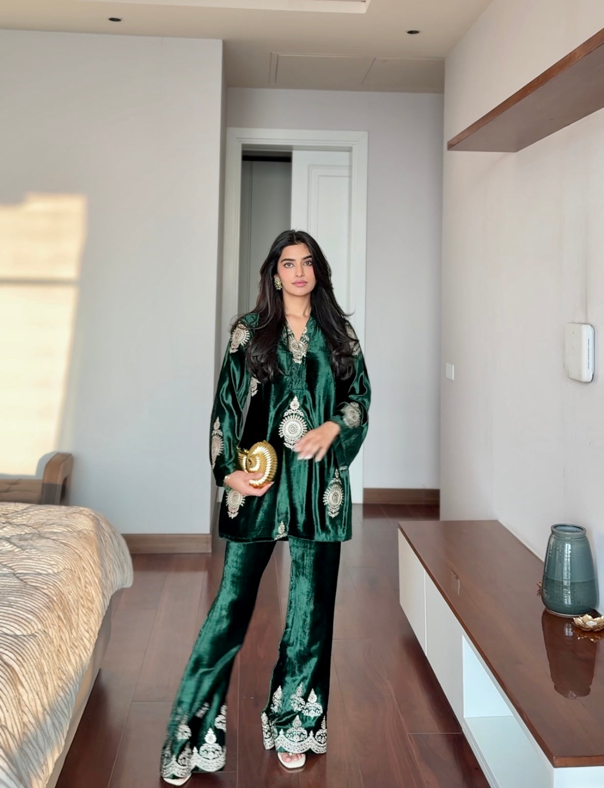 Bottle Green Embroidered Velvet Coord Set