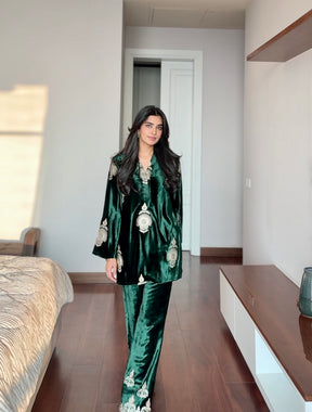 Bottle Green Embroidered Velvet Coord Set