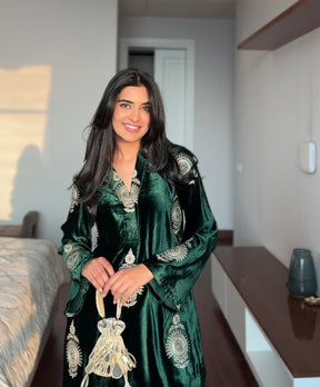 Bottle Green Embroidered Velvet Coord Set