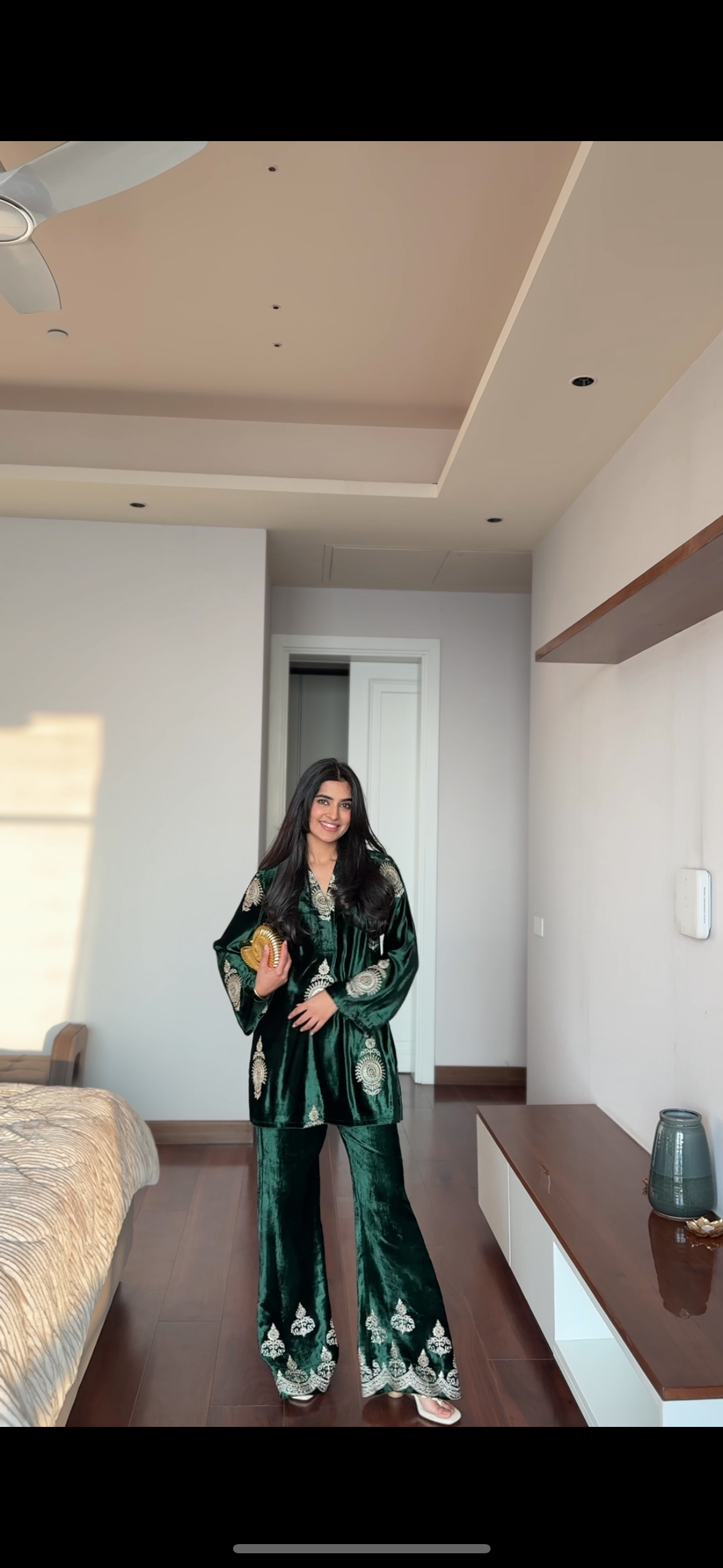 Bottle Green Embroidered Velvet Coord Set