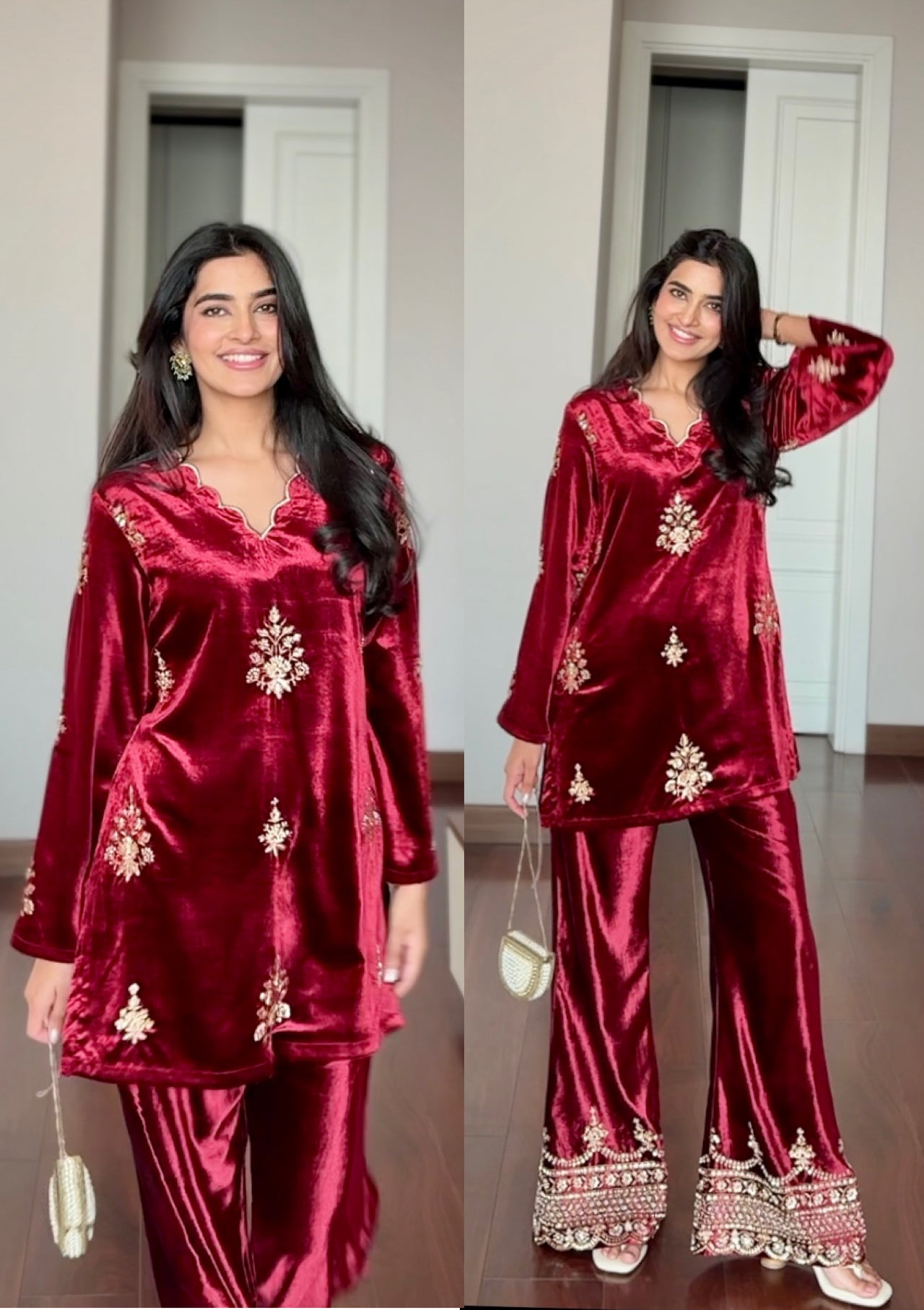 Crimson Red Beadwork Velvet Coord Set