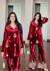 Crimson Red Beadwork Velvet Coord Set