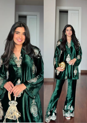 Bottle Green Embroidered Velvet Coord Set