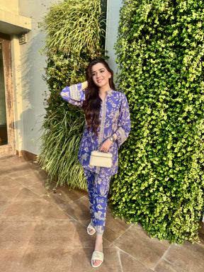 Blue Printed Cotton Kurta Pants Set