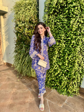 Blue Printed Cotton Kurta Pants Set