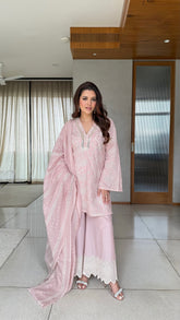Peach Cutwork Three Piece Suit Set