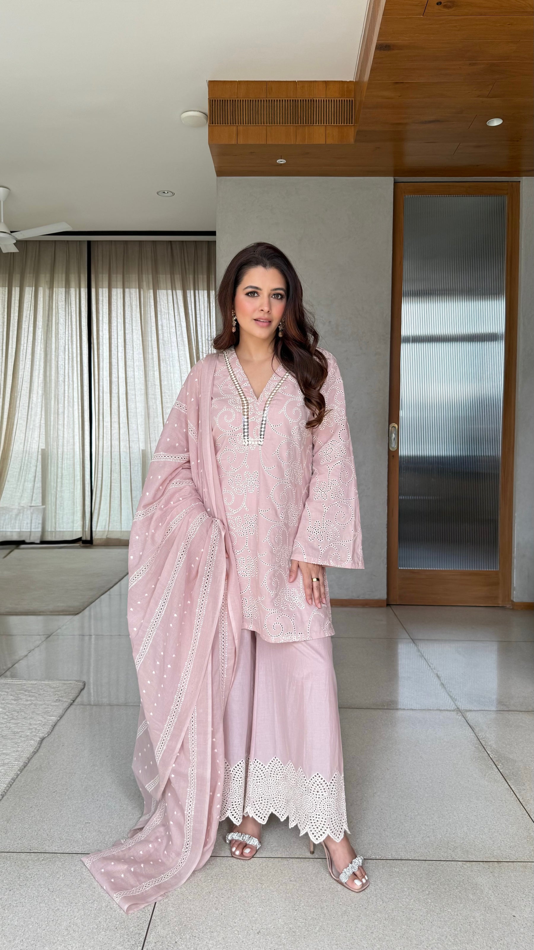 Peach Cutwork Three Piece Suit Set