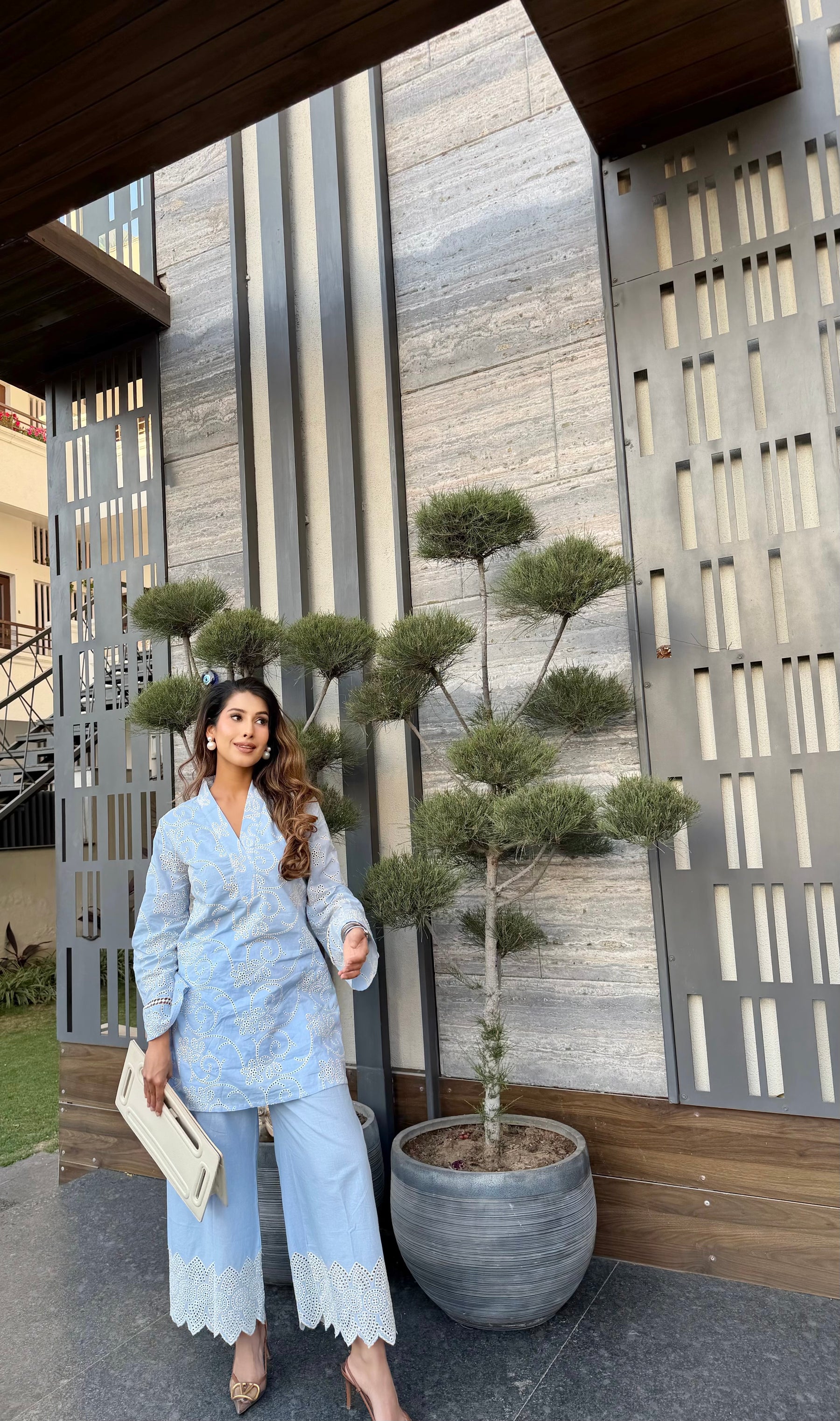 Summer Blue Lace Embroidered Coord Set