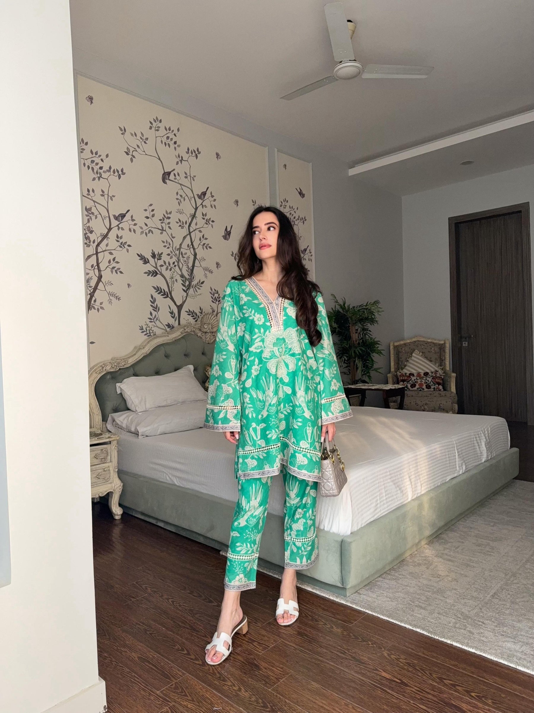 Soft Green Lace Kurta Pants Set