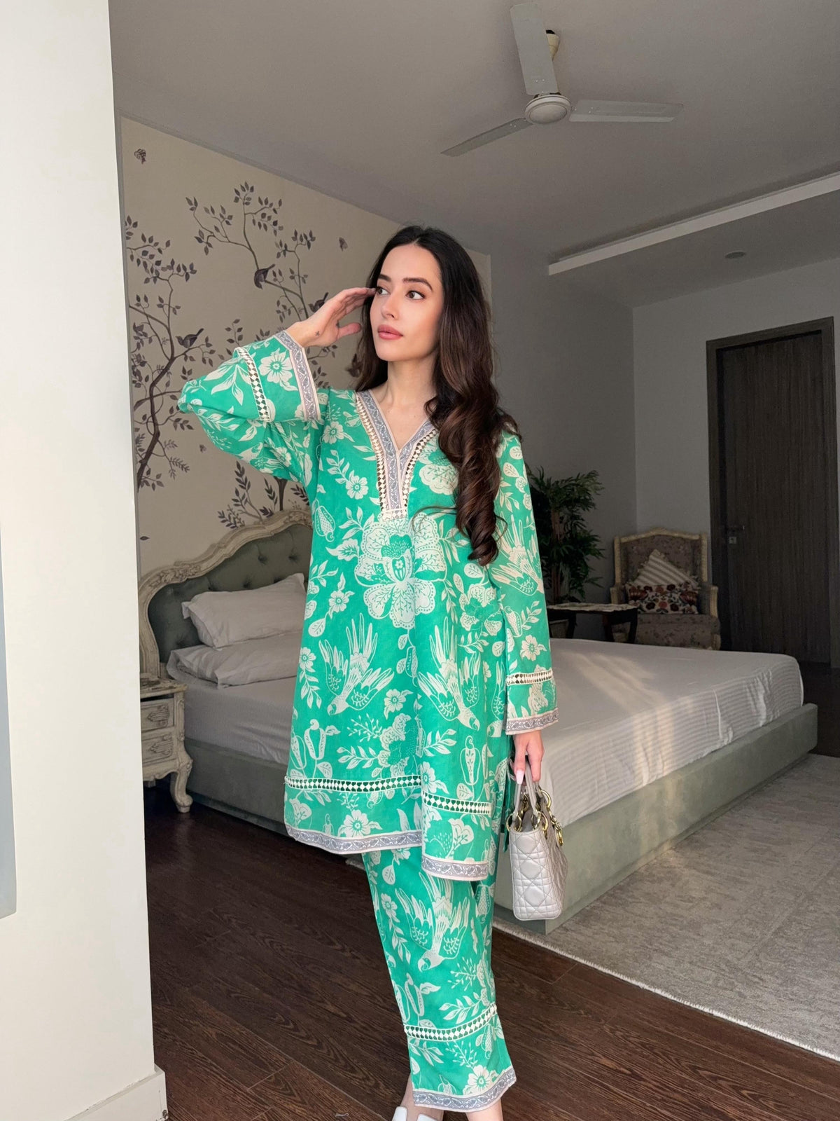 Soft Green Lace Kurta Pants Set