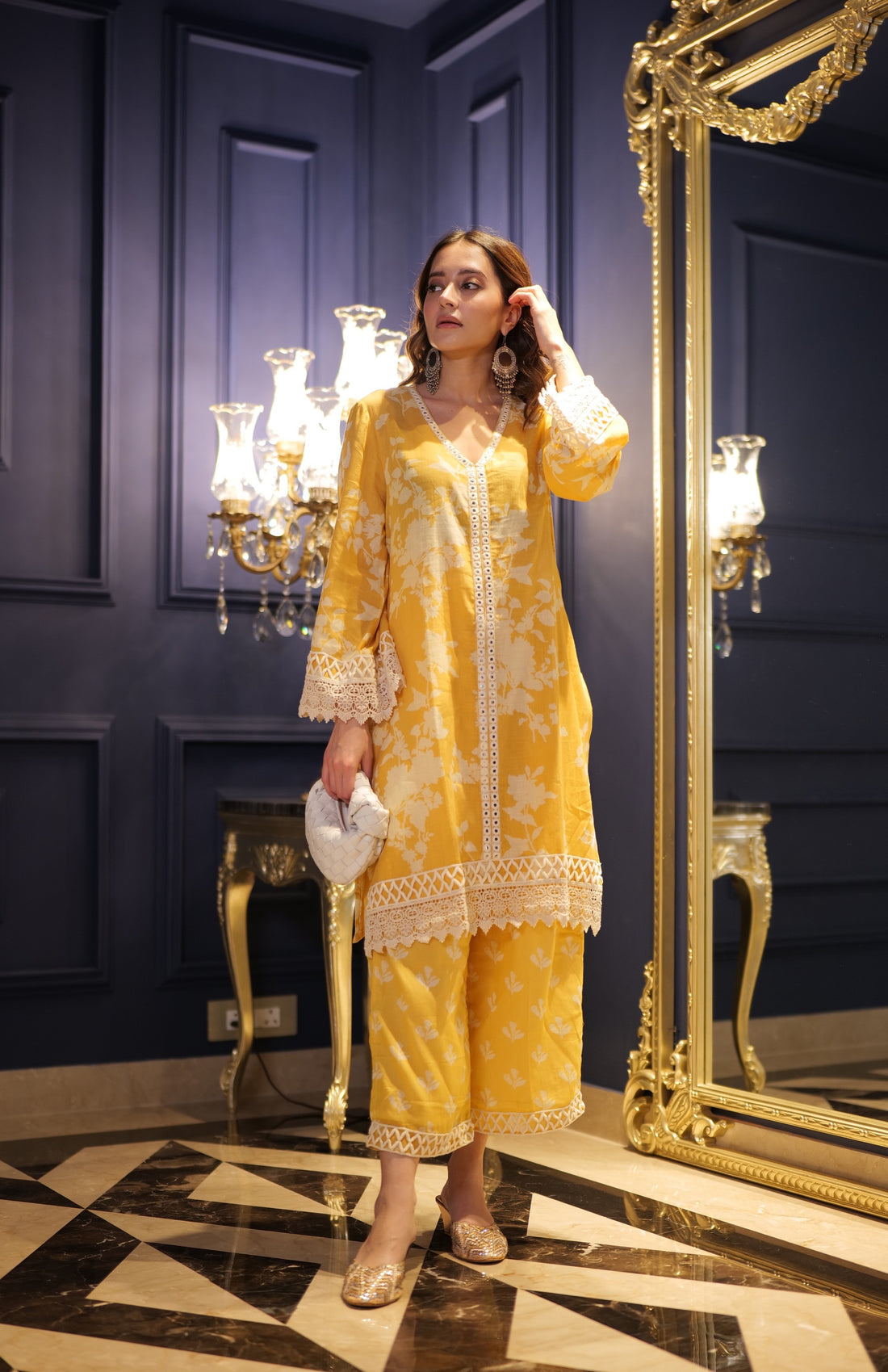 Women's Mustard Floral Embroidered Viscose Kurta Pant Set With Printed dupatta