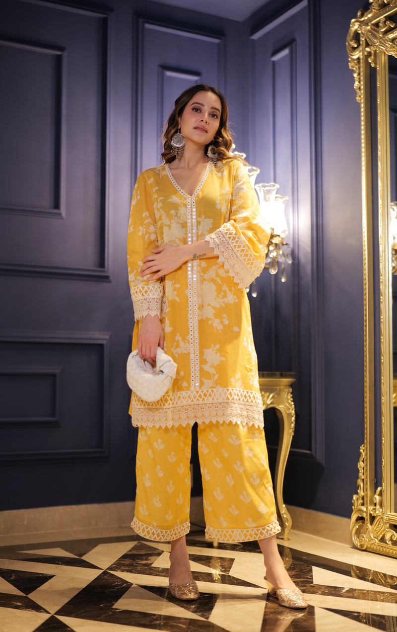 Mustard Yellow Floral Printed Pure Cotton Kurta Set with Trousers & Dupatta – Indiaista