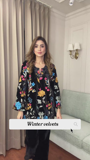 Black Floral Embroidered Velvet Coord Set