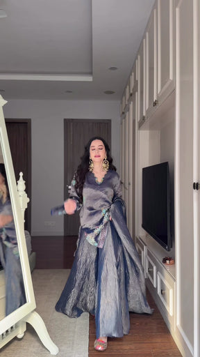 Midnight Blue Tissue Block Print Sharara Set