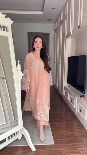 Peach Embroidered Organza Suit Set