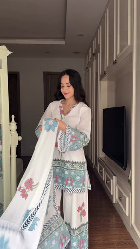 Blue Floral Cotton Suit Set