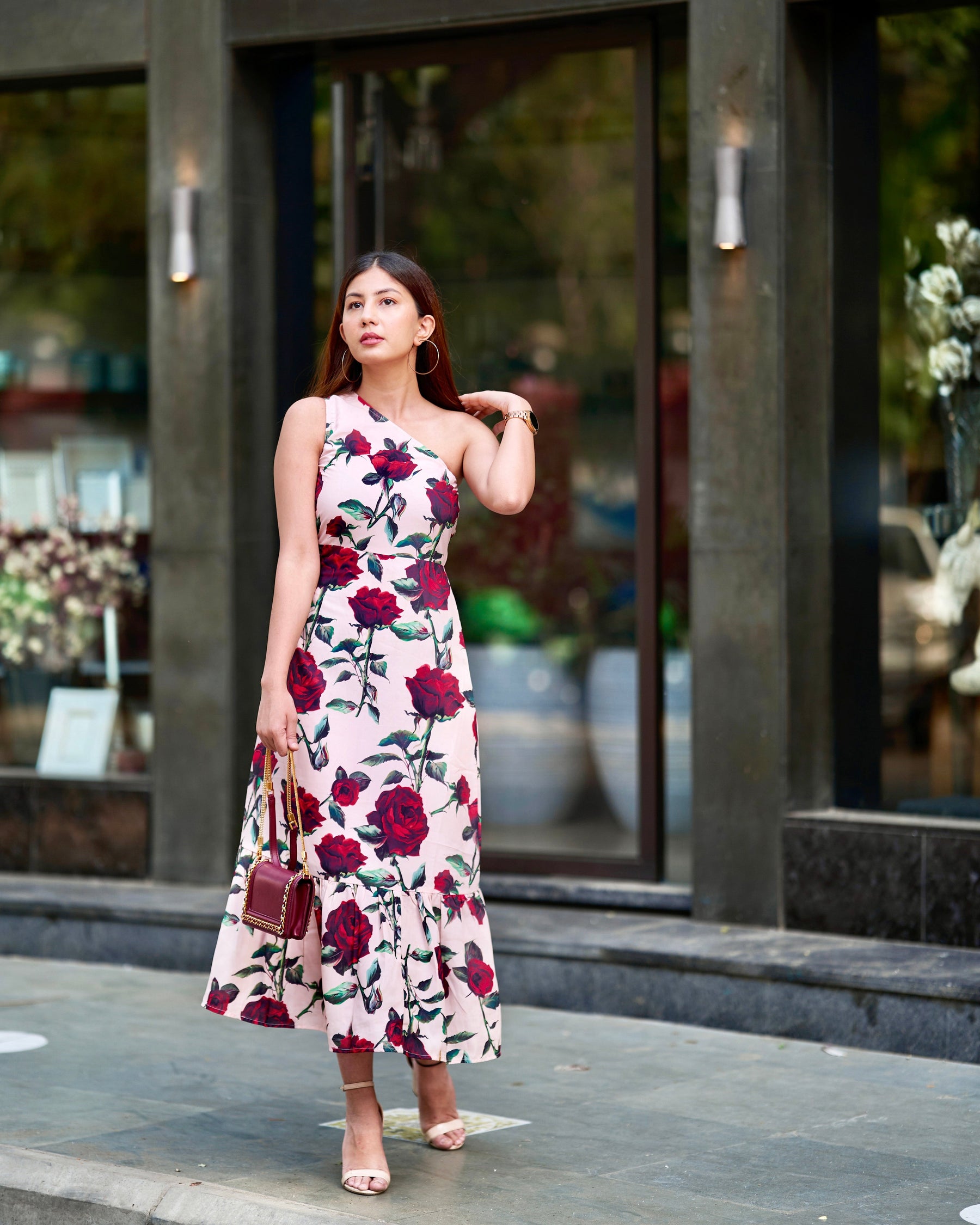 Creamy Floral One Shoulder Dress