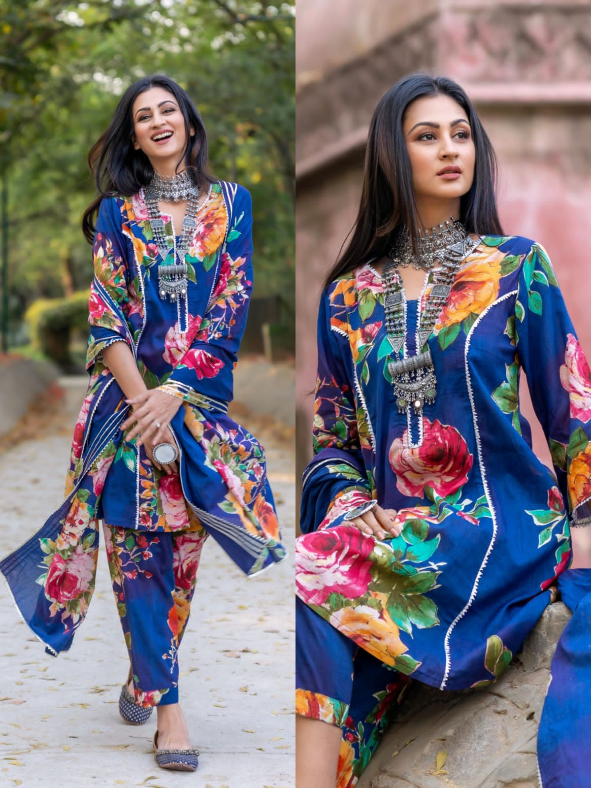 Blue Floral Print Suit Set