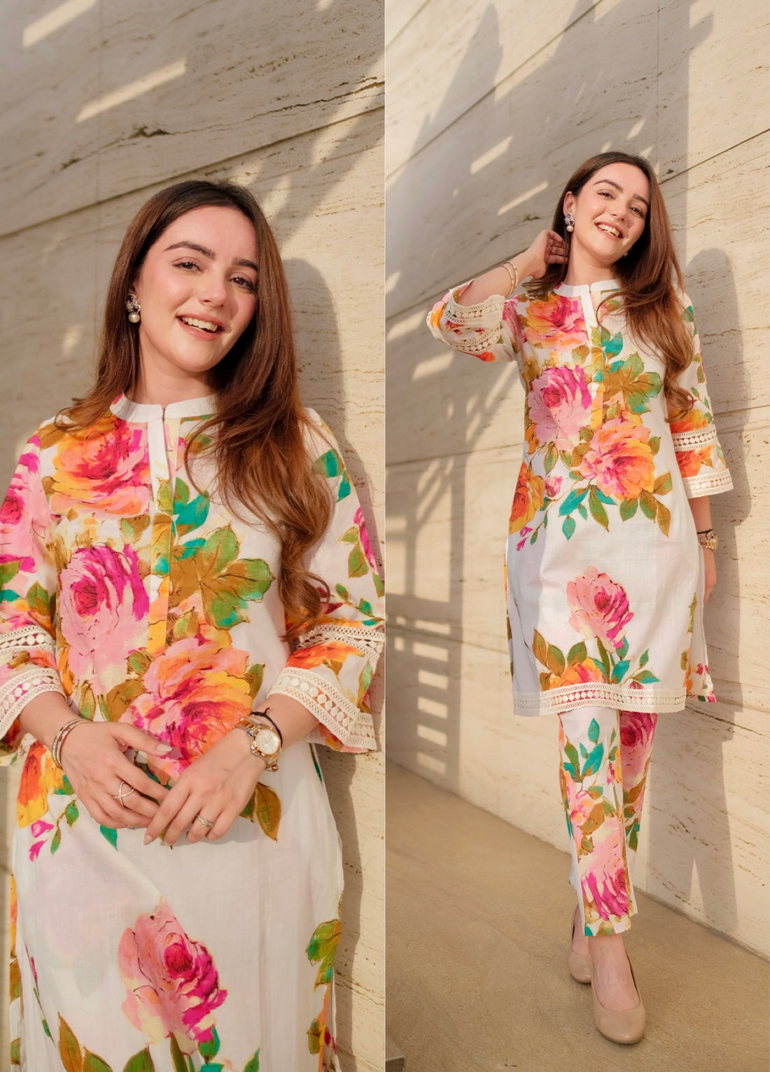 Women White Floral Buttonned Gathered Kurti
