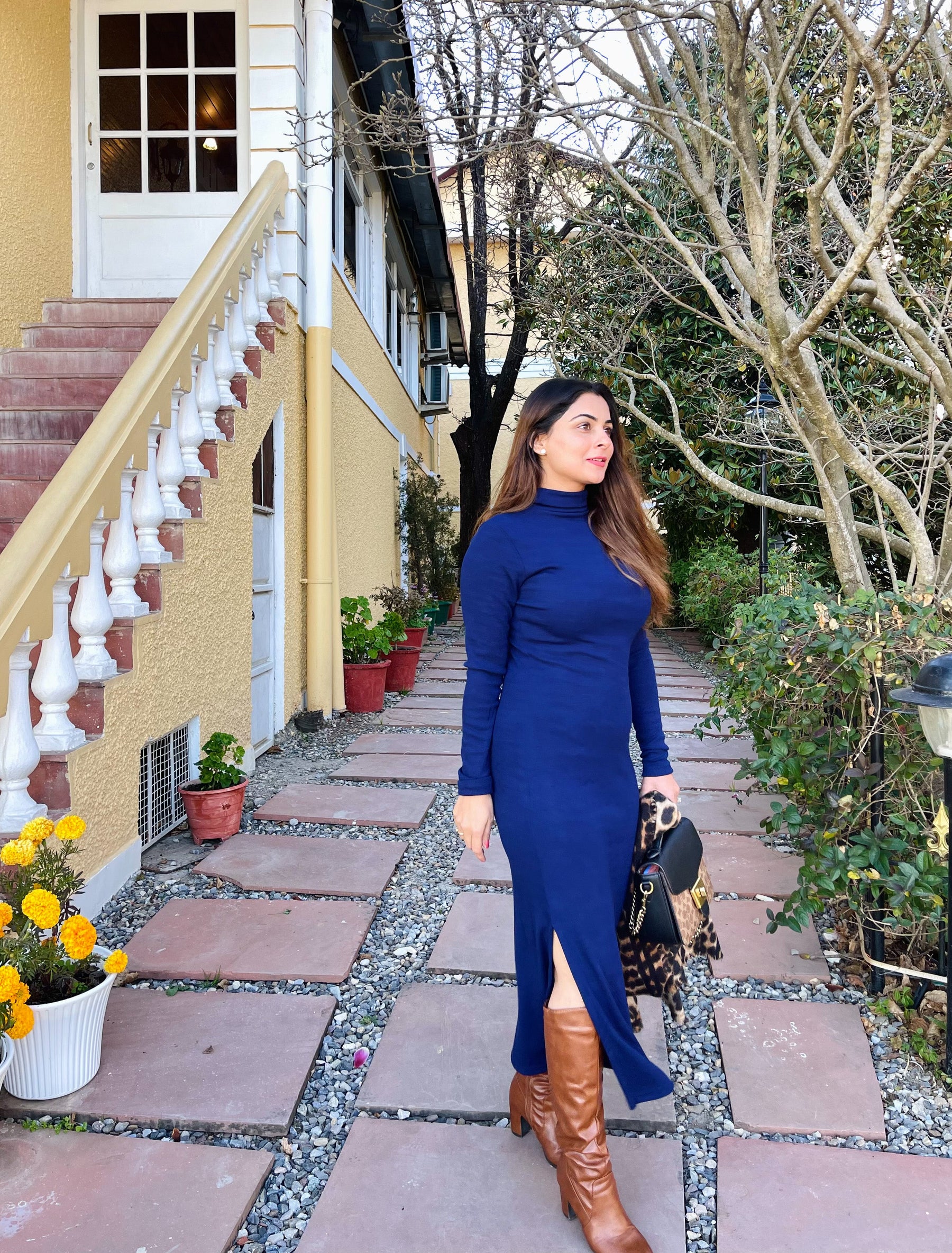 Blue High Neck Slit Dress Blue High Neck Slit Dress