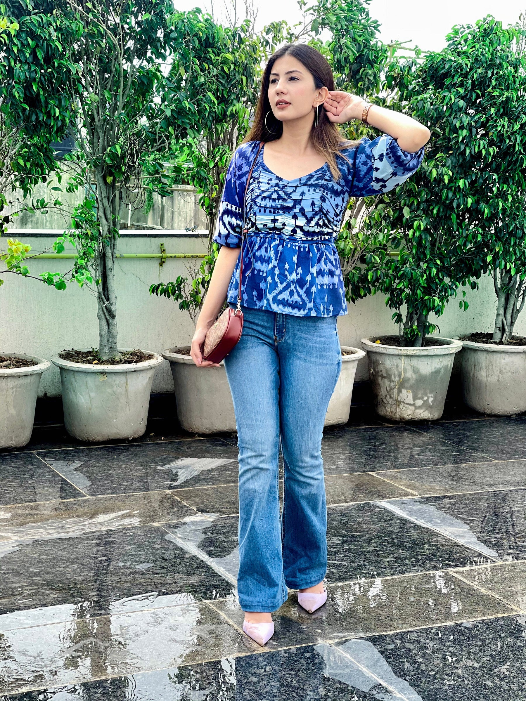 Blue Printed Gathered Top