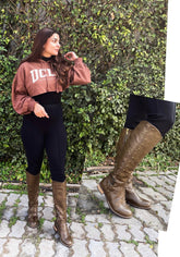 Olive Brown Studded Long Boots