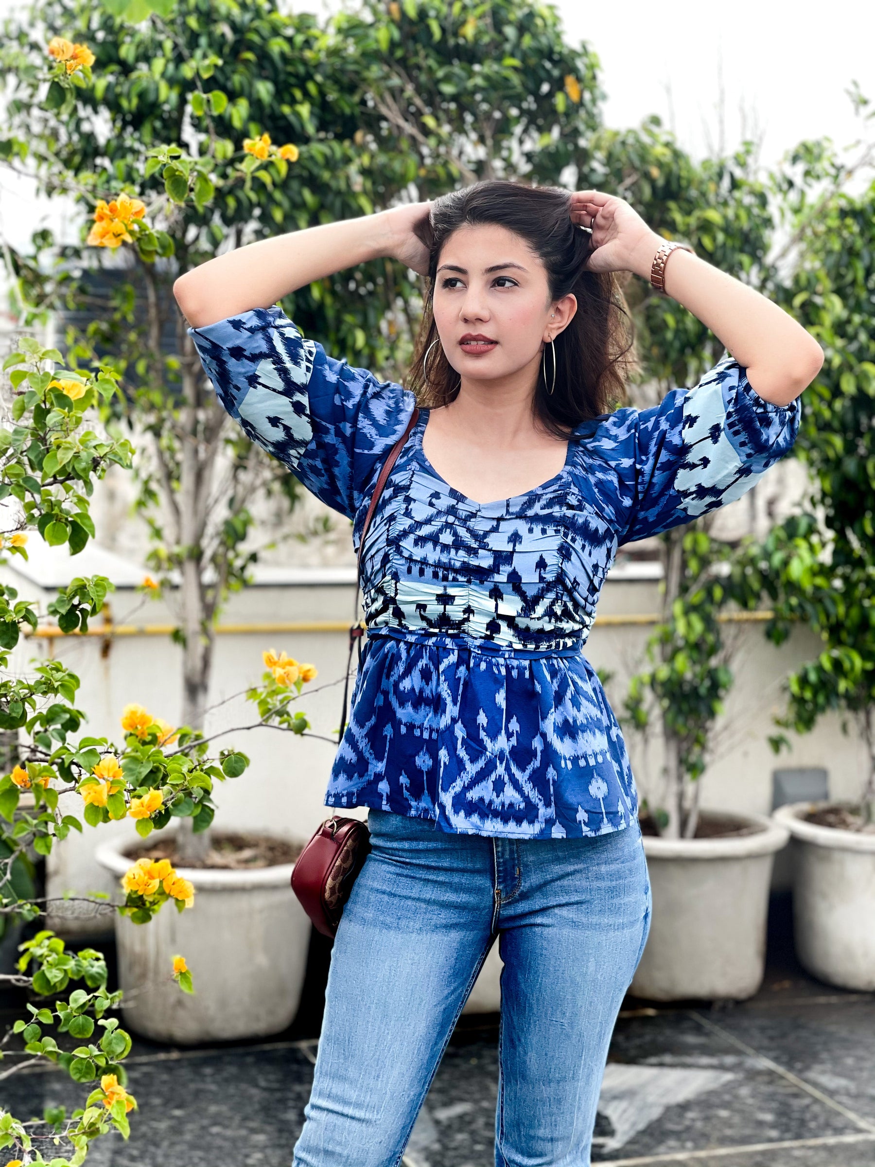 Blue Printed Gathered Top