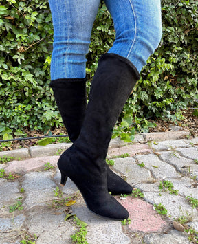 Black Suede Pointed Heel Boots