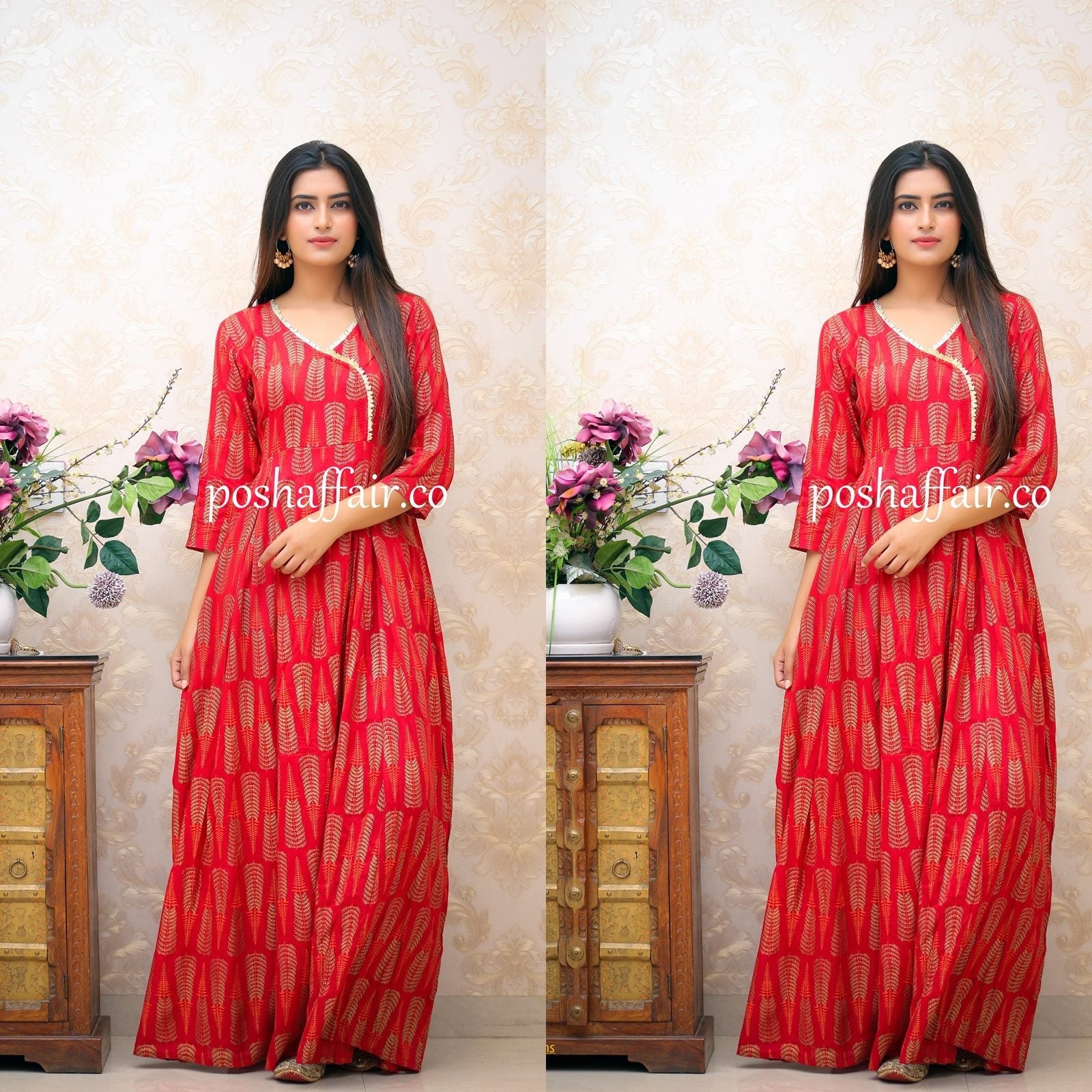 Red Gold Angrakha Maxi Gown