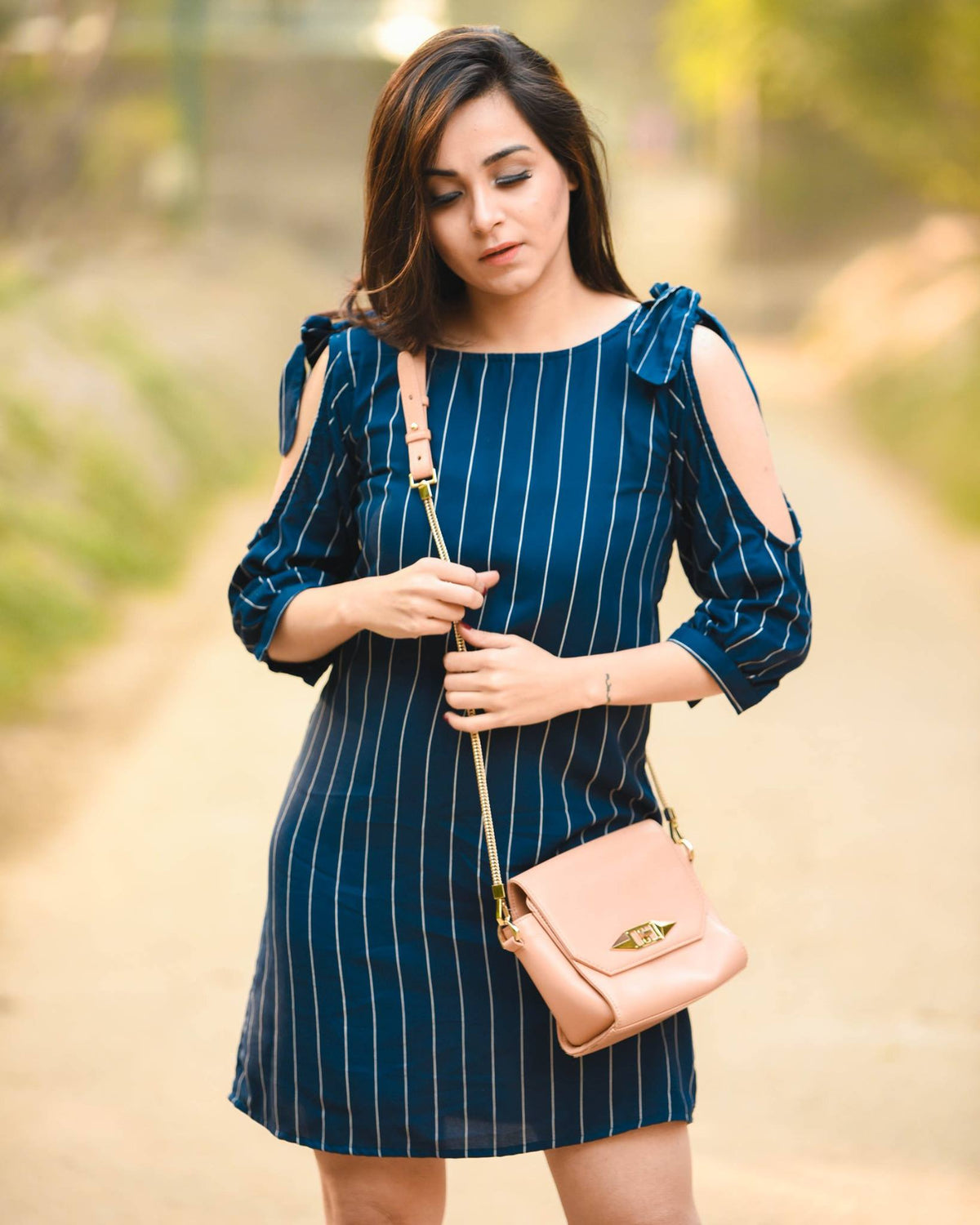 Blue Striped Bow Sleeves Dress